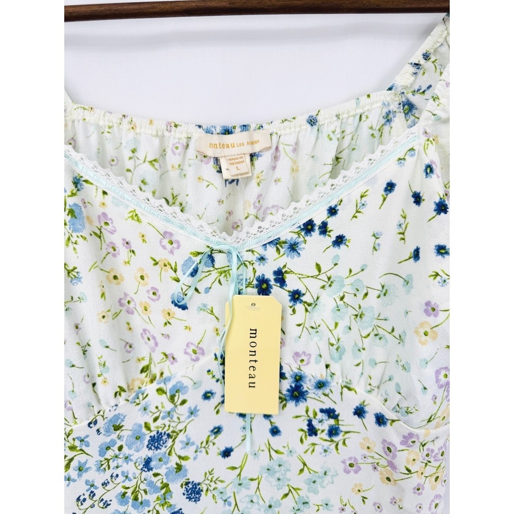 Monteau Floral Babydoll Midi Dress Size L Cottagecore Lace Trim Peasant Milkmaid - Picture 5 of 10